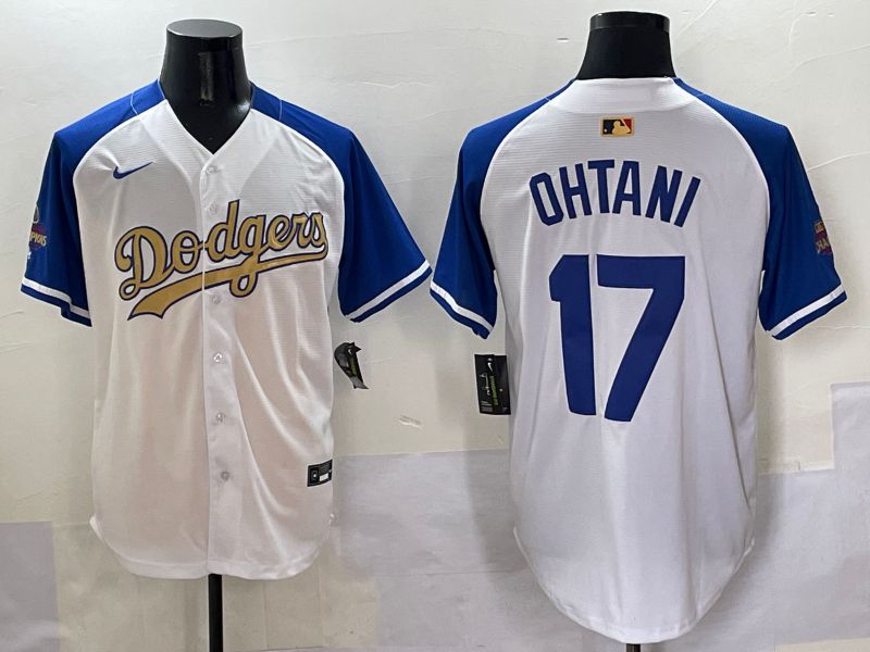 Men Los Angeles Dodgers 17 Ohtani White Blue Champion gold character Nike 2025 MLB Jersey style 50510